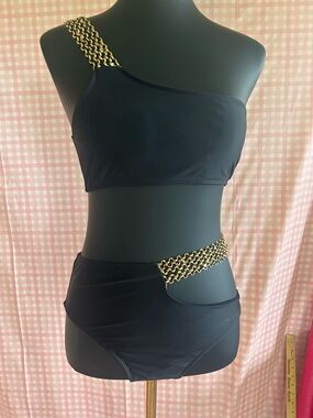 Black One-Shoulder Bikini with Gold Chain Accents